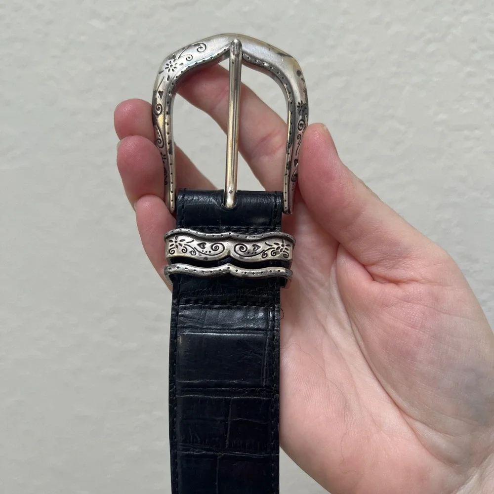 Brighton Black Leather Woven Croc‎ Embossed Belt Silver Engraved Hardware Womens